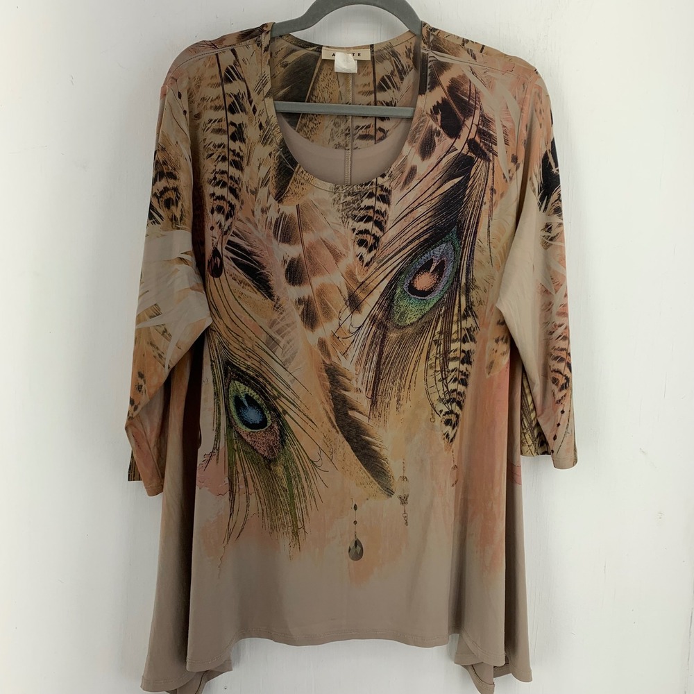 Vtg Agate Womens 2X Peacock Feather Print 3/4 Sleeve Sharkbite Tunic Top Boho